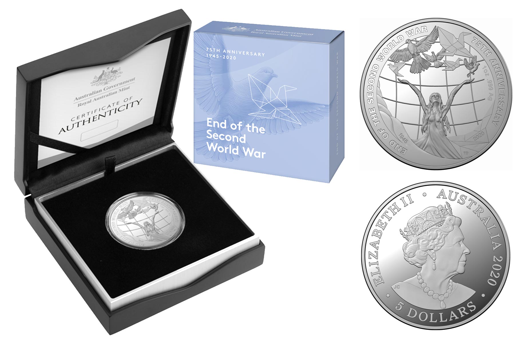 "75 anniversario fine della Seconda Guerra Mondiale " - Moneta da 5 dollari gr. 31,10 in ag. 999/000