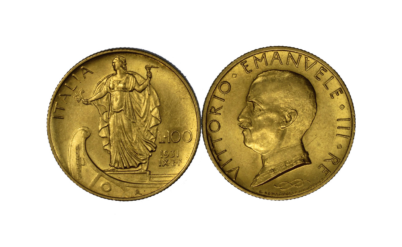 "Italia su prora" - Re vittorio Emanuele III - 100 lire gr. 8,80 in oro 900/