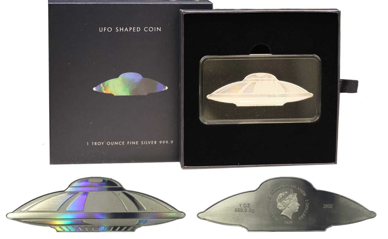 "UFO" - Moneta sagomata con effetto ologramma da 2 dollari gr. 31,10 in ag. 999/000