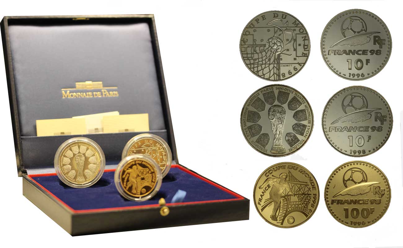 "Coppa del Mondo 1998" - Serie da 100 franchi gr. 17,00 in oro 920/000 e da 10 franchi gr. 22,20 in ag. 900/000 - conf. originale