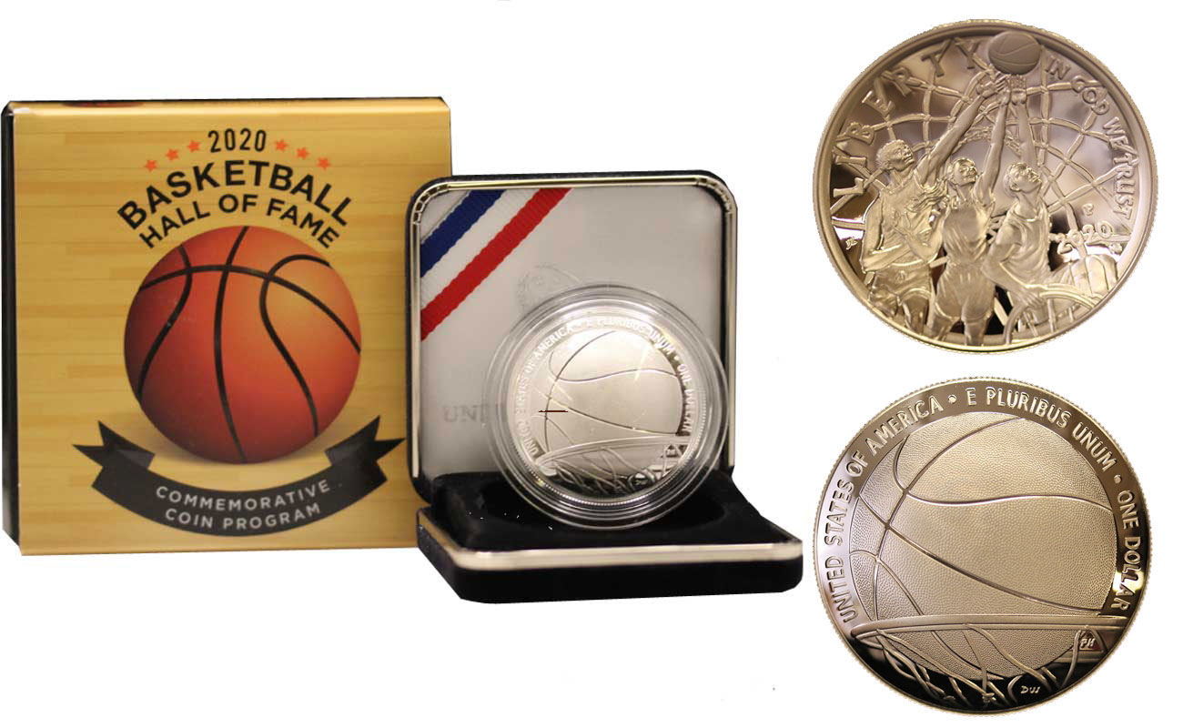"Basket Hall of Fame" - Moneta concava da 1 dollaro gr. 26,73 in ag. 999/