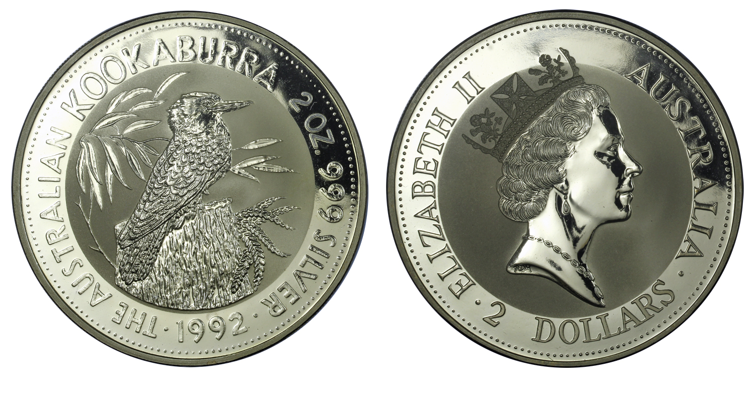 "Kookaburra" - 2 dollari (2 oz) gr.62,20 in argento 999/000 - Lotto di 5 pezzi
