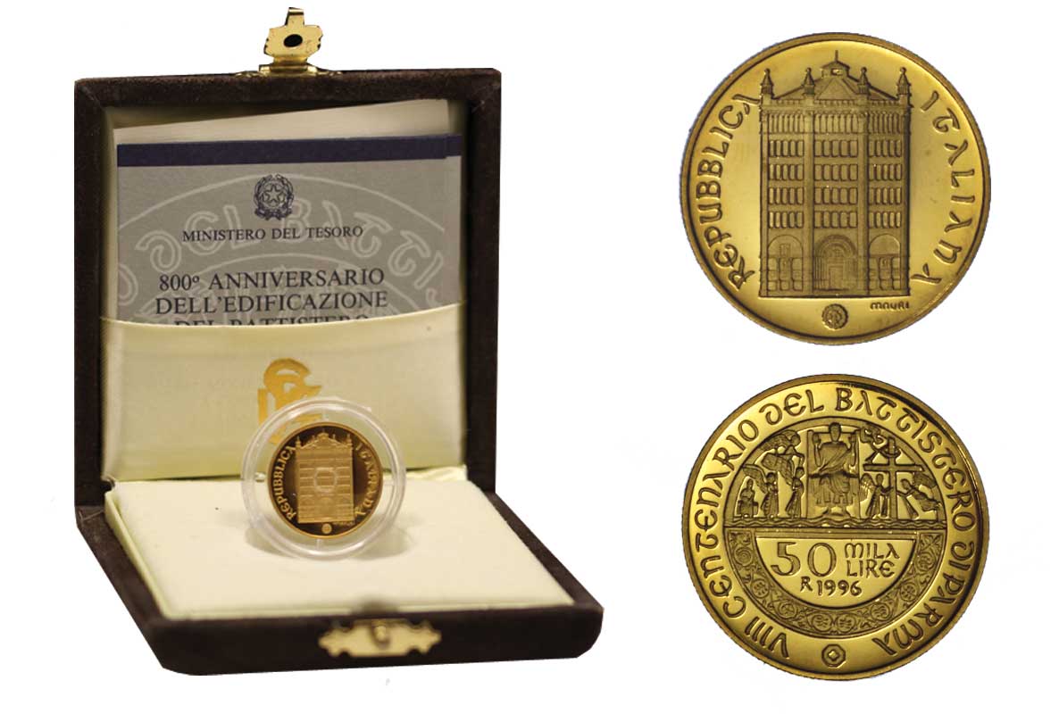 "Battistero di Parma" - Lire 50.000 gr. 7,50 in oro 900/000 - conf. originale senza scatola esterna