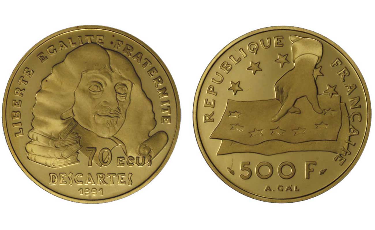 "Cartesio" - 500 franchi/70 ecu gr. 17,00 in oro 920/000