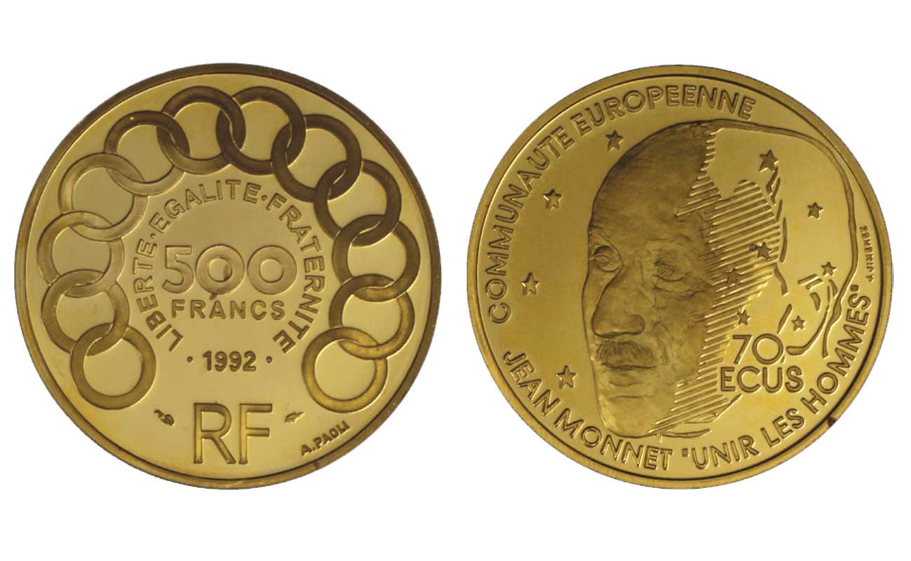"Jean Monet" - 500 franchi/70 ecu gr. 17,00 in oro 920/000