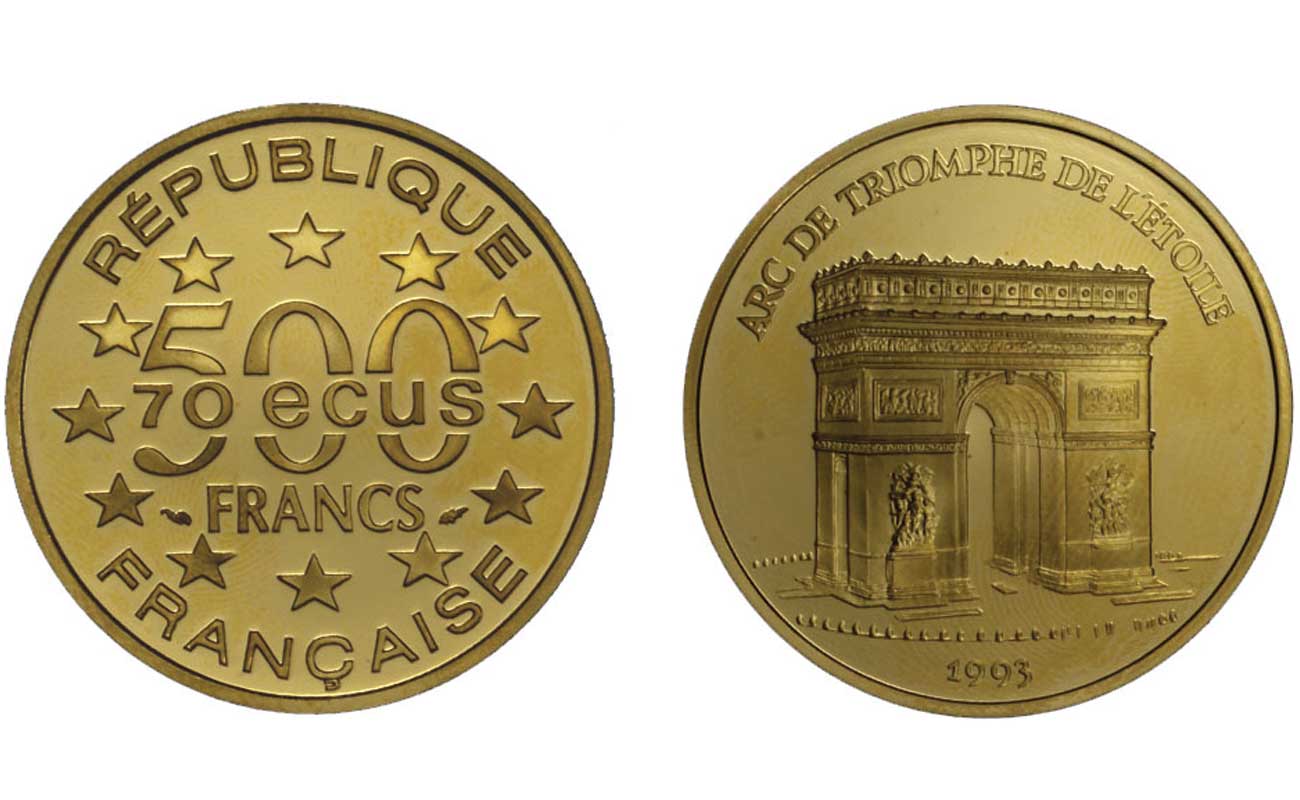 "Arco di Trionfo" - 500 franchi/70 ecu gr. 17,00 in oro 920/000