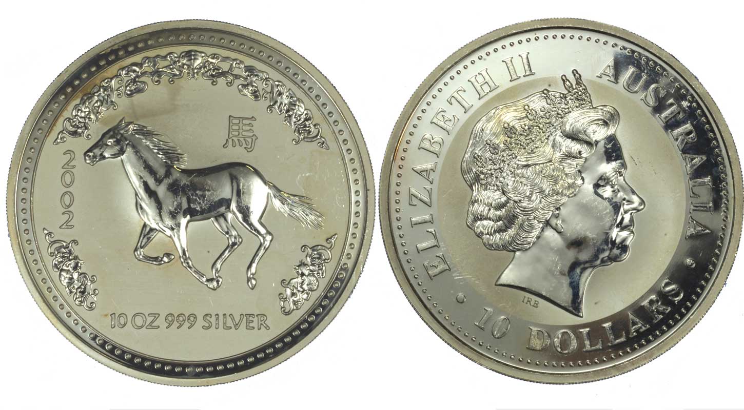 Calendario Cinese - Anno del Cavallo - moneta da 10 dollari gr. 311,03 (10 oz) in argento 999/
