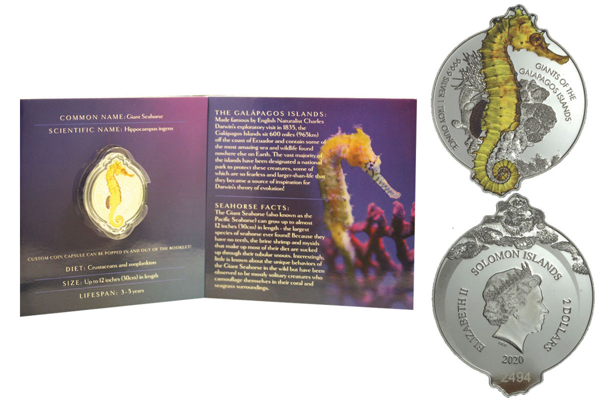 "Ippocampo" - Moneta sagomata con smalto colorato da 2 dollari gr. 31,10 in ag. 999/000 Tiratura limitata 2500 pezzi
