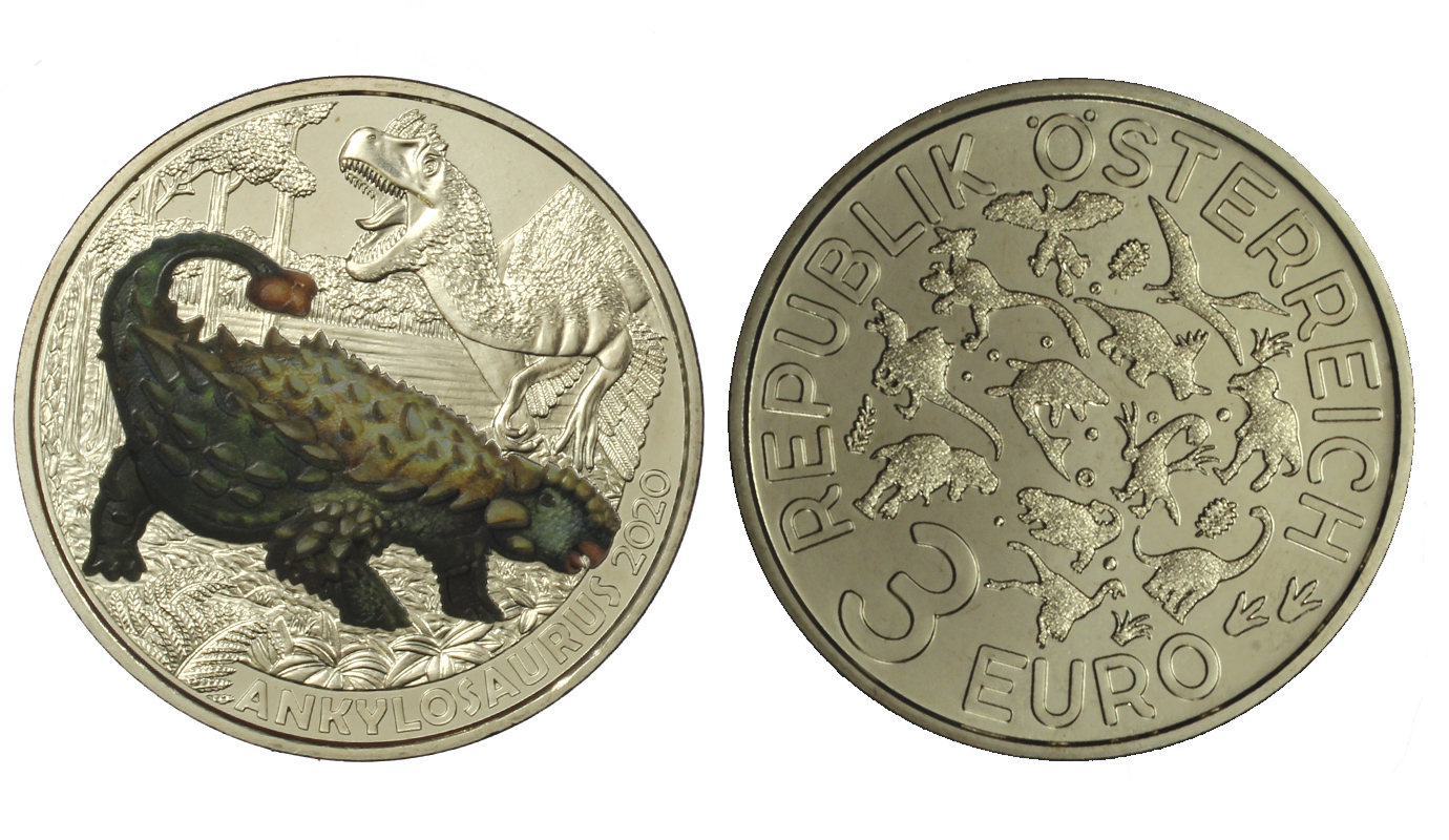 "Serie Dinosauri: Anchilosauro" - moneta da 3 euro con dettagli smaltati e fluorescenza