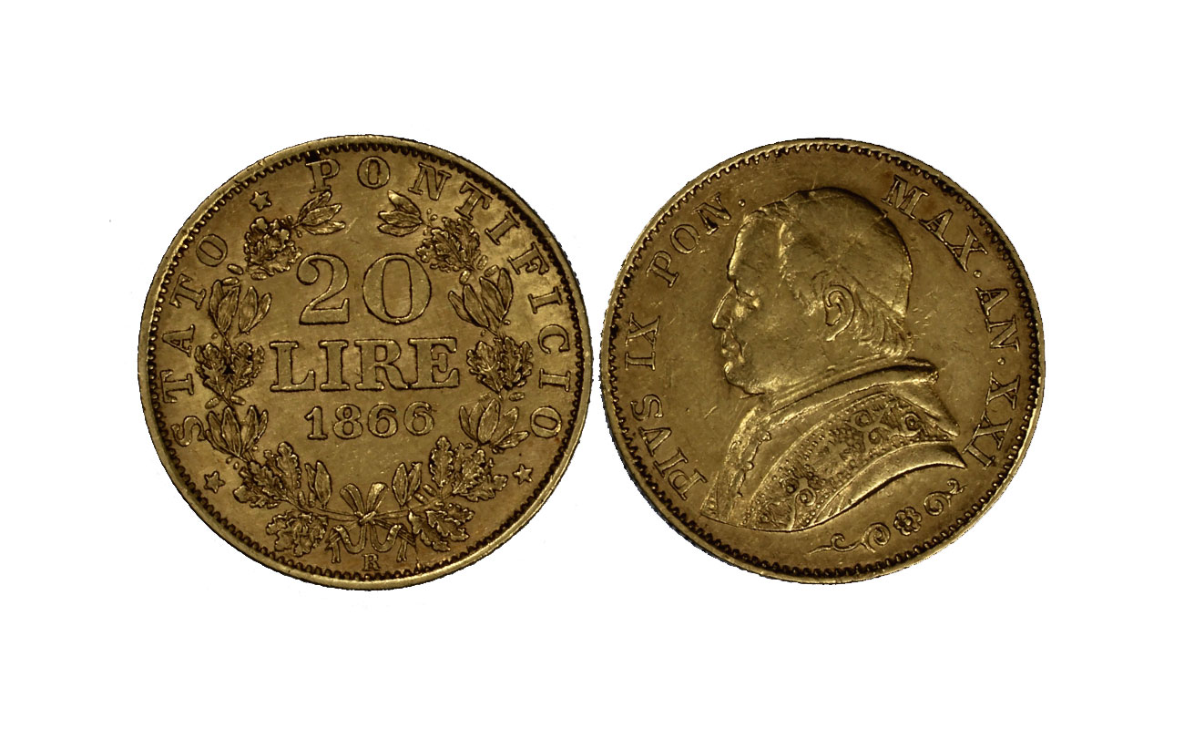 Papa Pio IX - 20 Lire gr. 6,45 in oro 900/ 
