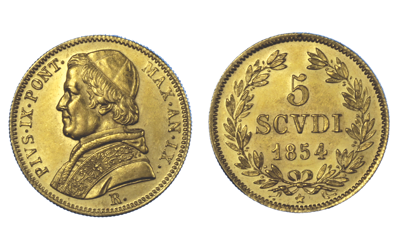 Papa Pio IX - 5 scudi gr. 8,66 in oro 900/ 