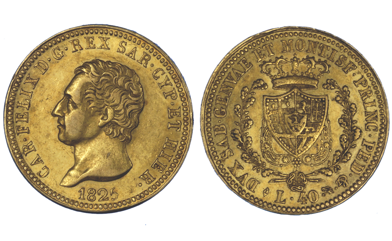 Carlo Felice - 40 lire zecca di Torino gr.12,90 in oro 900/