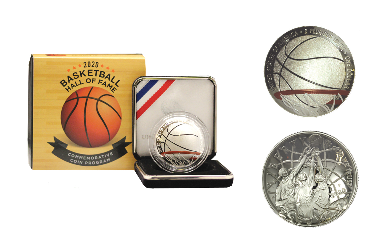 "Basket Hall of Fame" - Moneta concava da 1 dollaro con particolare colorato gr. 26,73 in ag. 999/