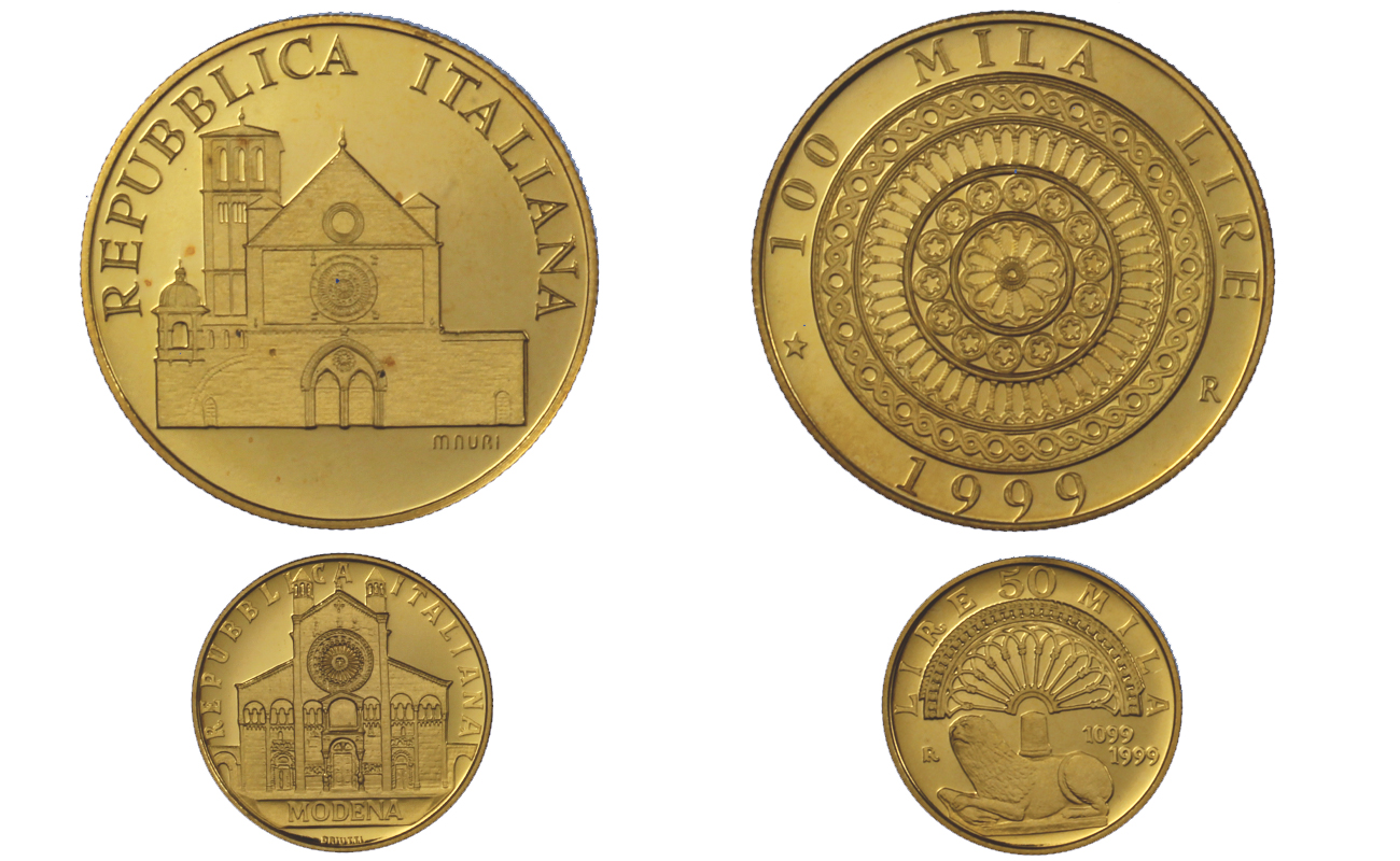 "Modena e Assisi" - 50.000 + 100.000 lire gr. 22,57 in oro 900/000 - senza conf. originale 