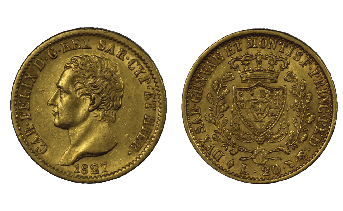 Carlo Felice - 20 lire zecca di Torino gr. 6,45 in oro 900/ 