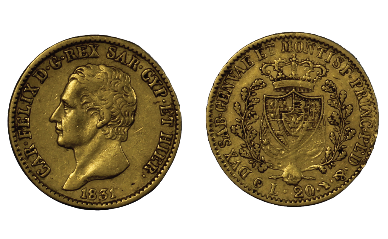 Carlo Felice - 20 lire zecca di Torino gr. 6,45 in oro 900/ 