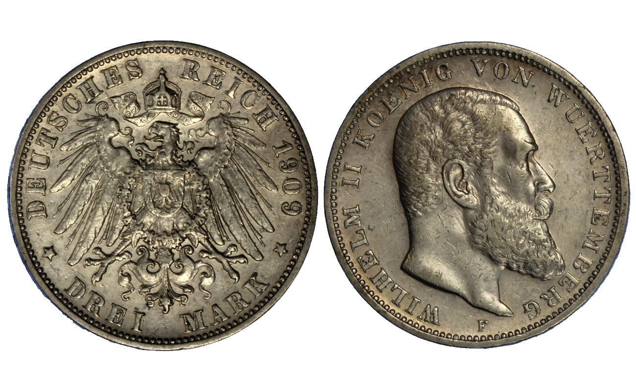 Wuttemberg - Guglielmo II - 3 marchi gr. 16,67 in ag. 900/000