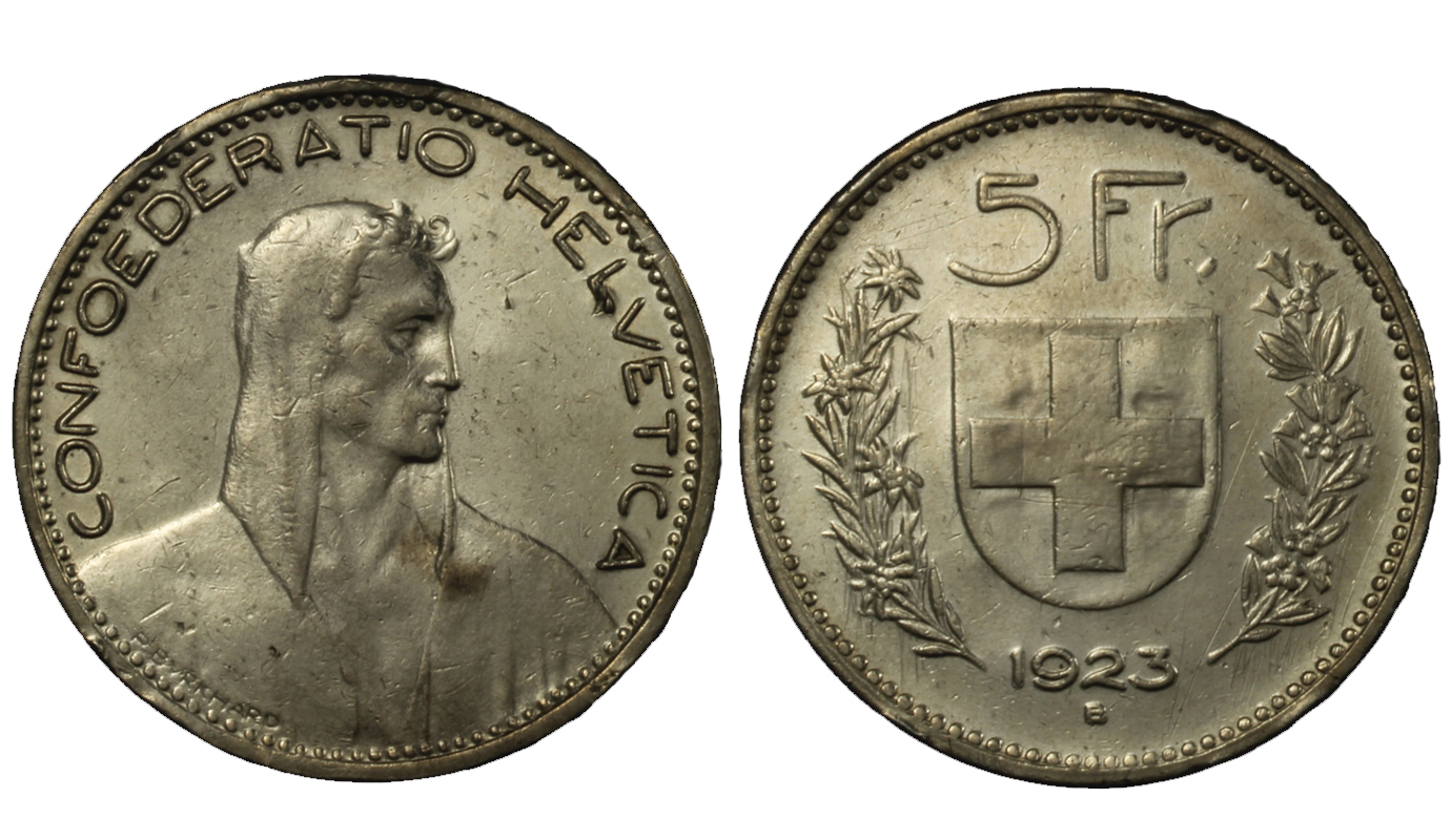 5 franchi - gr. 25.00 in ag. 900/000 (lucidata)