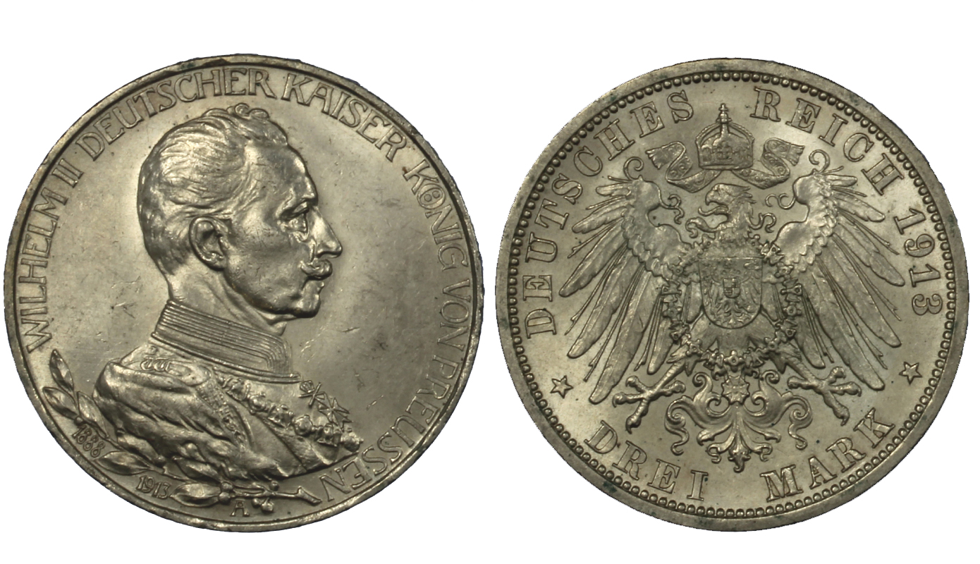 Prussia - "25 anniversario del regno" - moneta da 3 marchi gr. 16.67 in ag. 900/000