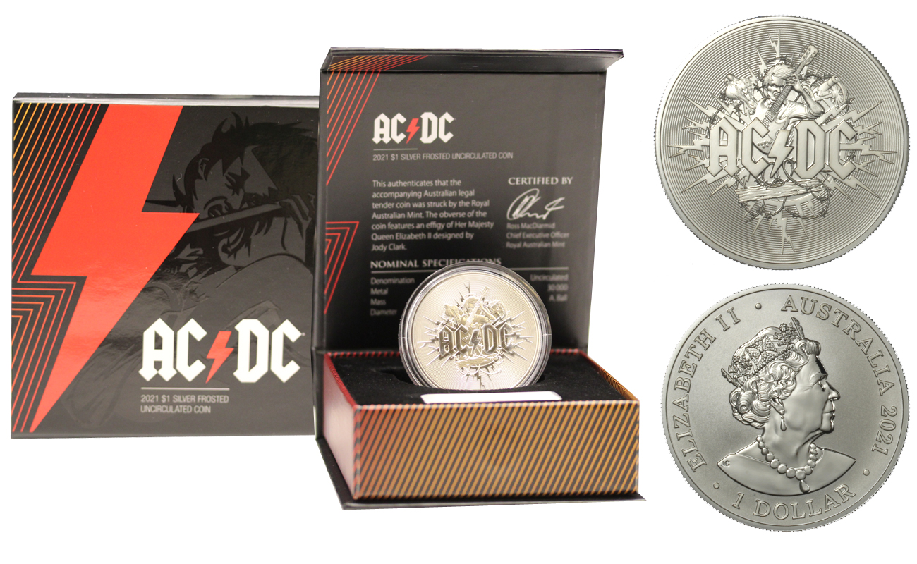 "AC/DC" - Moneta da 1 dollaro gr. 31,10 in ag. 999/000 