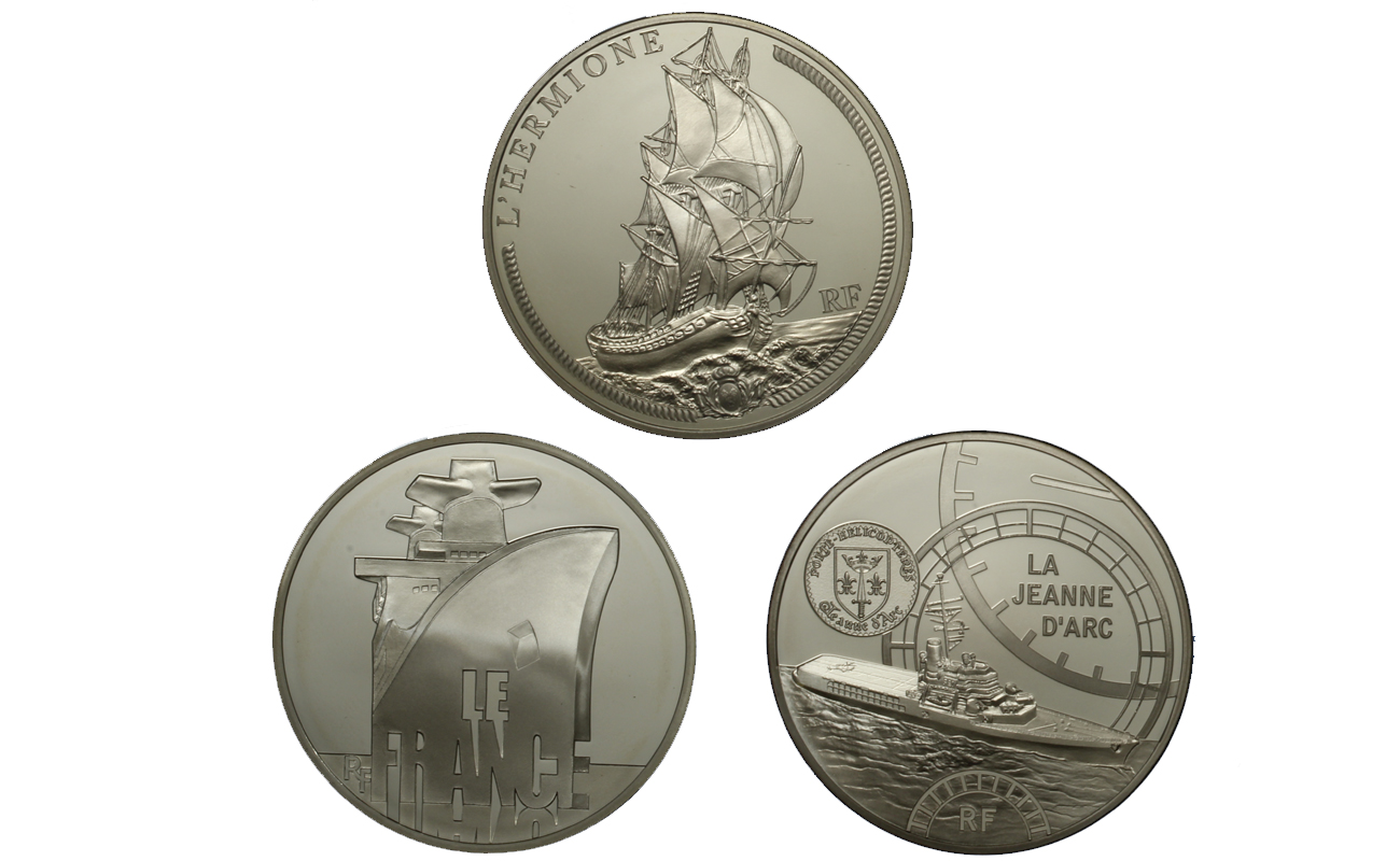 "Le grandi navi francesi" - lotto da 3 monete da 10 euro gr. complessivi 66,60 in ag. 900/000 