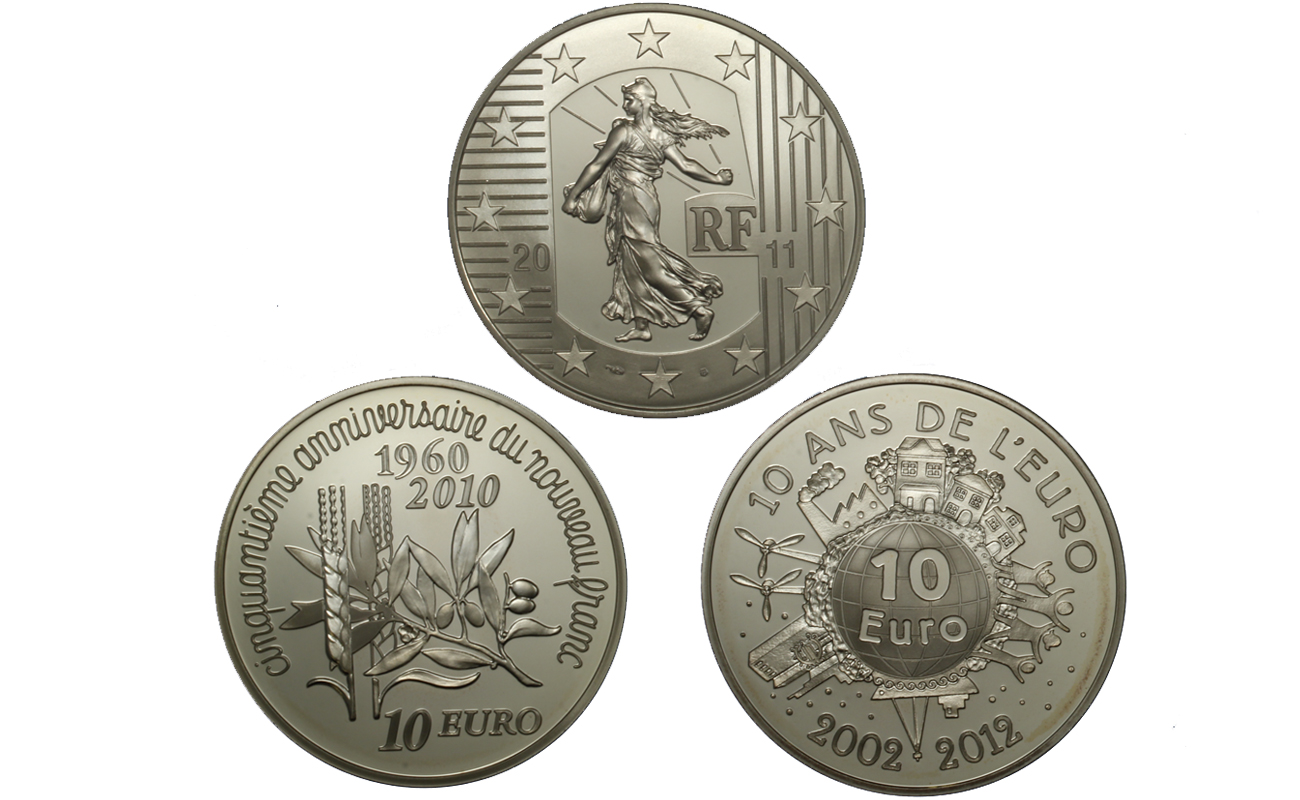 "Seminatrice" - lotto da 3 monete da 10 euro gr. complessivi 66,60 in ag. 900/000 