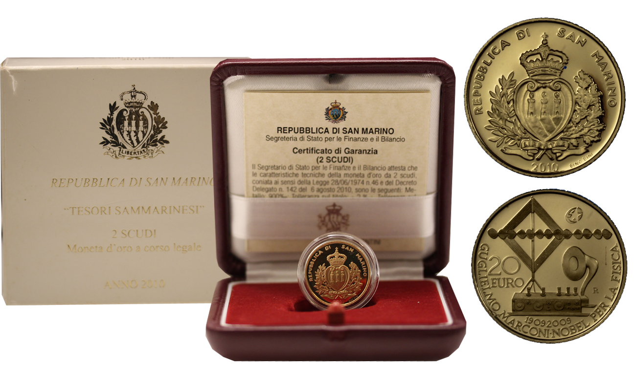 "Tesori Sammarinesi" - 2 scudi gr. 6,45 oro 900/000 - conf. originale