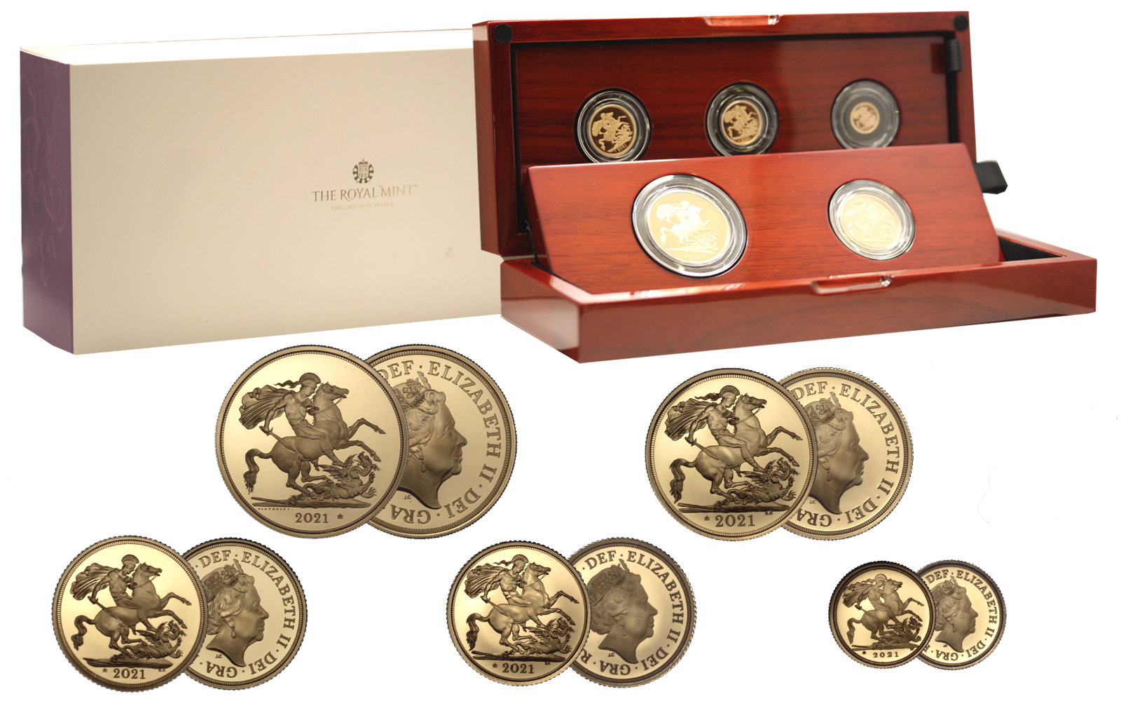 Set di 5 monete (5, 2, 1, 1/2 e 1/4 di sterlina) - Ed. limitata per il 95 compleanno della Regina monogramma speciale - totali gr. 69,87 in oro 917/000 