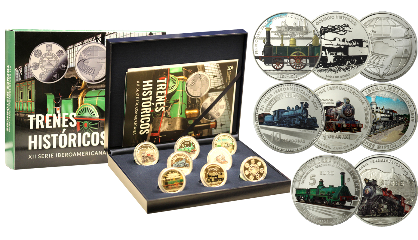 "Treni storici iberoamericani" - Serie da 7 monete e 1 medaglia in ag. 925/