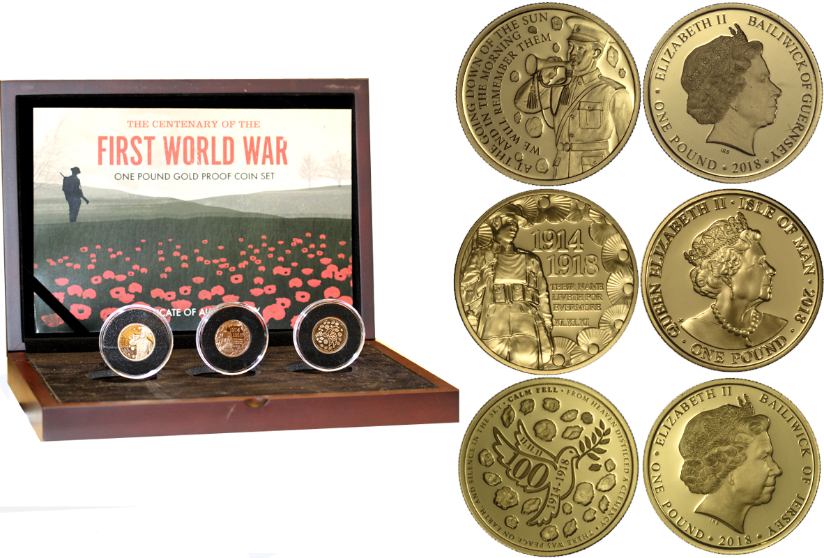 "1° Guerra Mondiale" - Set di 3 sterline di gr. 7,98 cad. in oro 917/000 conf. originale - Tiratura 250 pezzi