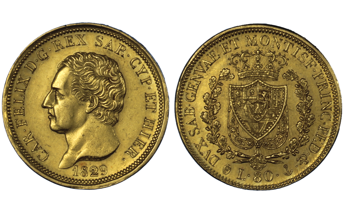 Carlo Felice - 80 lire zecca di Genova gr.25,80 in oro 900/
