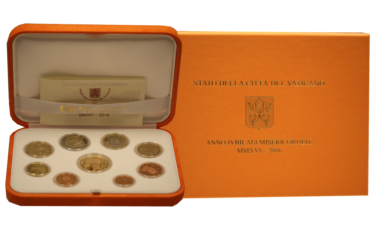 Serie completa di 8 monete in confezione originale con 50 euro Anno Santo della Misericordia in oro