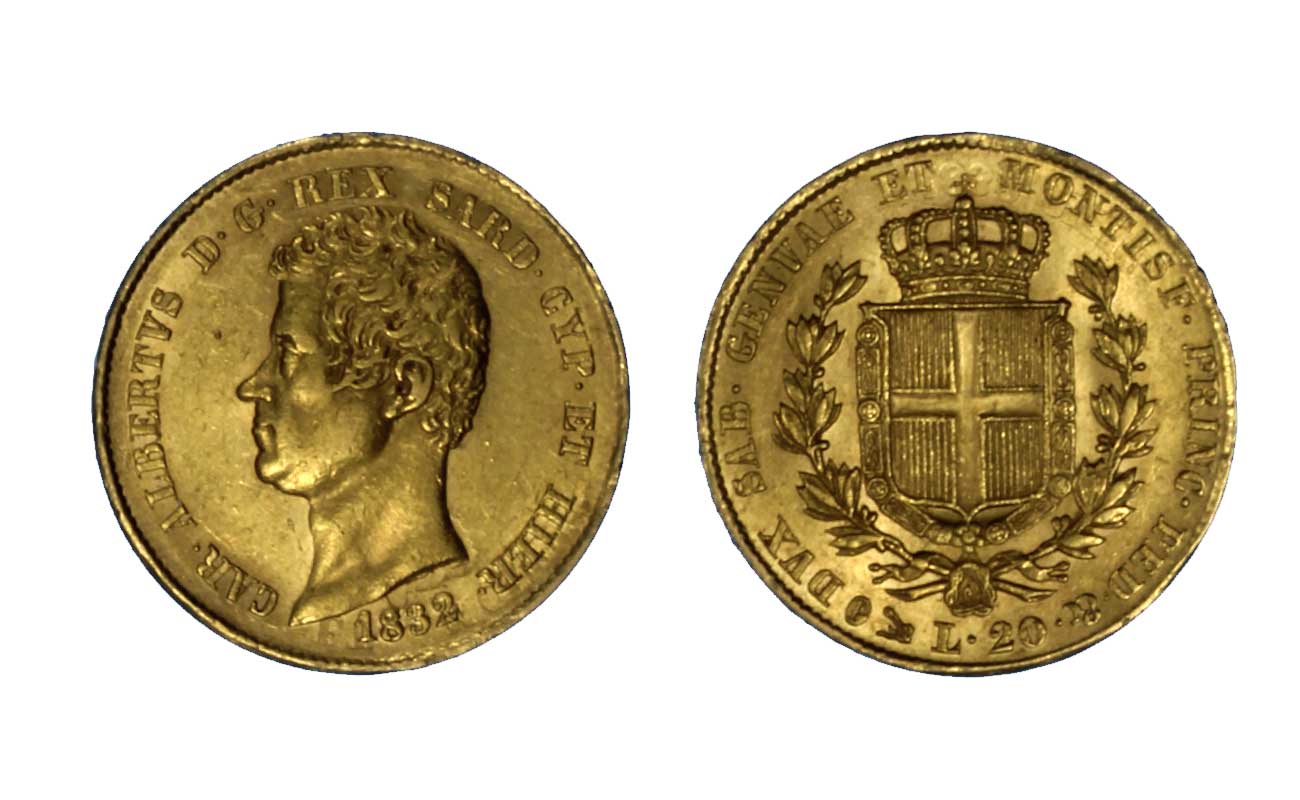 Carlo Alberto - 20 lire zecca di Genova gr.6,45 in oro 900/ - FERT - Variante FRT sul bordo
