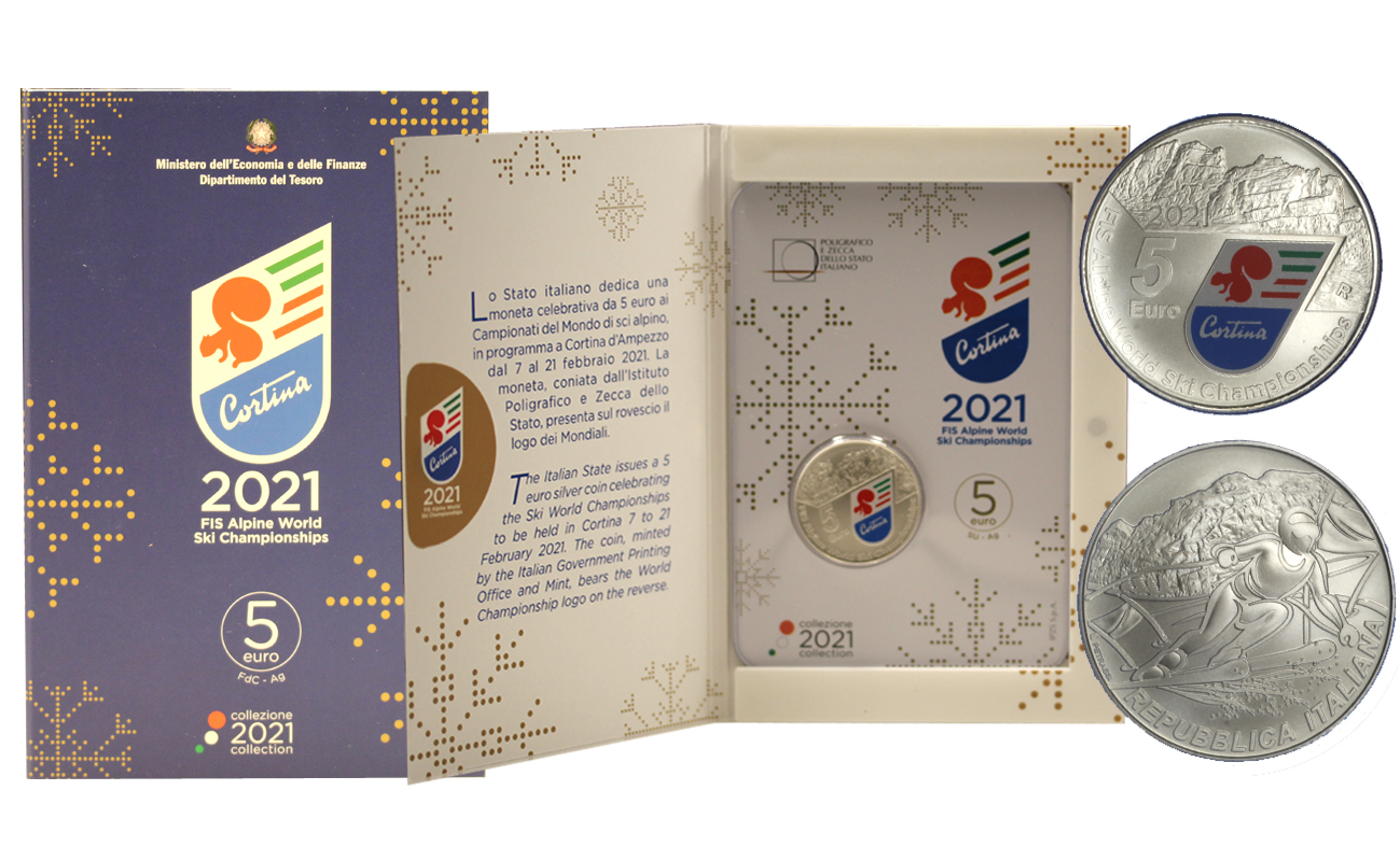 "Mondiali Sci Alpino"- Moneta da 5 euro in ag. 925/000 in confezione ufficiale