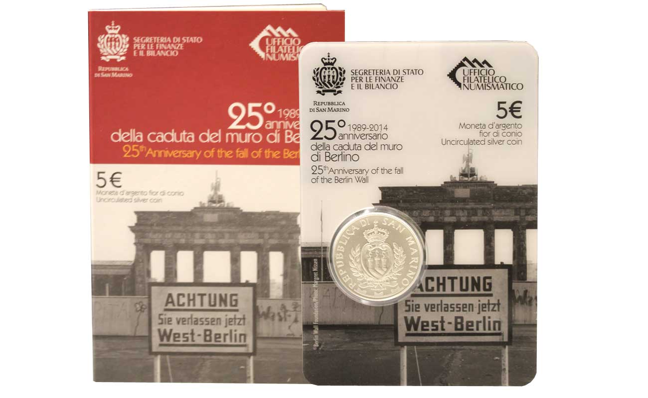 "25 Caduta del muro di Berlino" - 5 Euro gr. 18,00 in arg. 925/ - In coincard