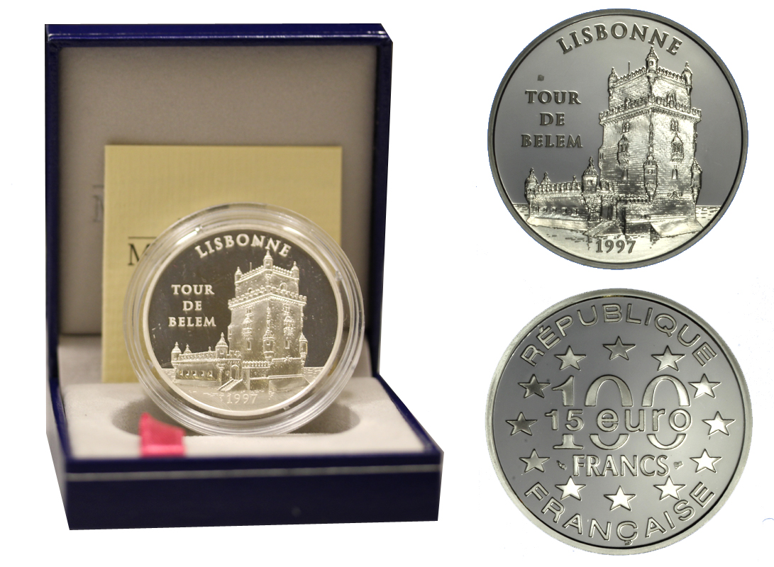 Lisbona: Torre di Belem - 100 franchi-15 euro gr.22,20 in ag.900/000