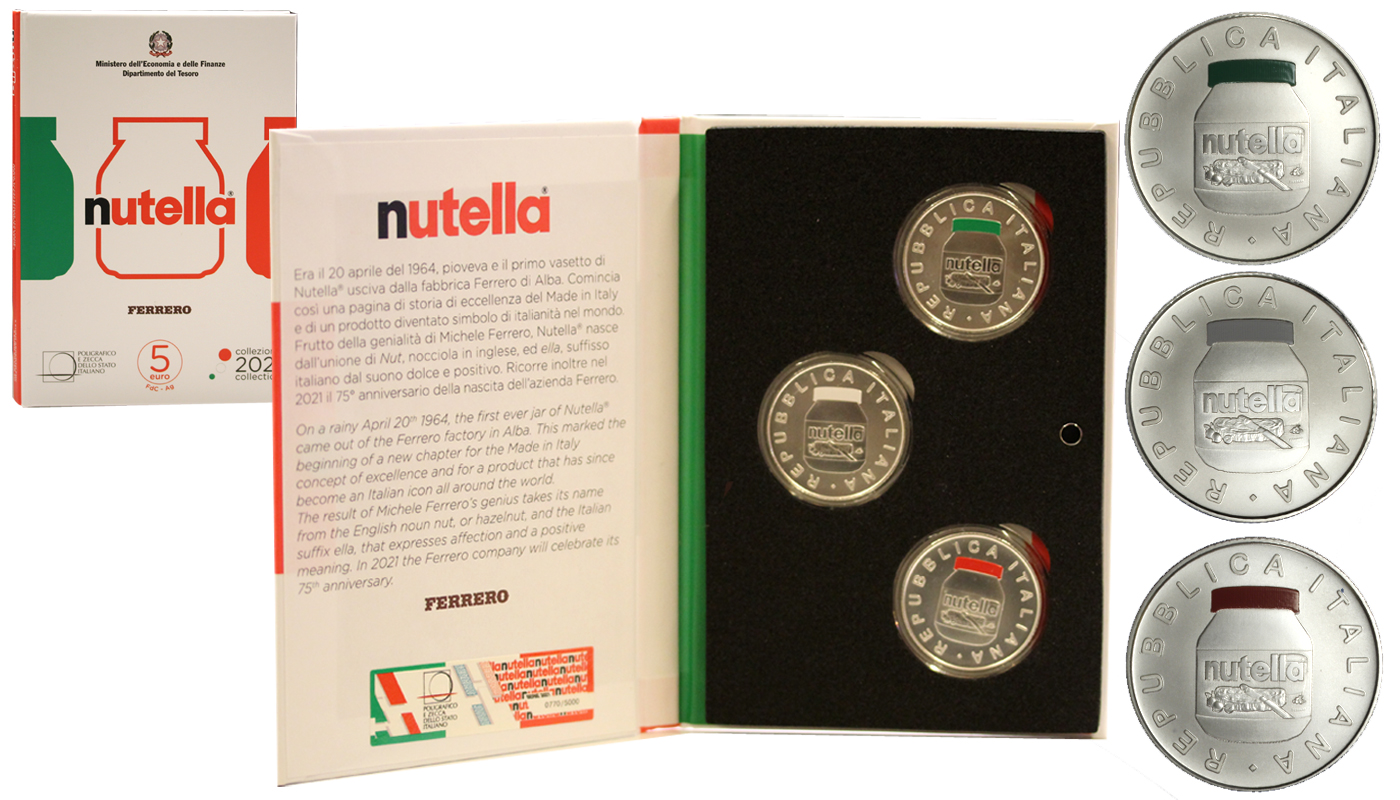 "Nutella" - trittico di monete da 5 euro gr.tot. 54,00 in arg. 925/ - confezione unica
