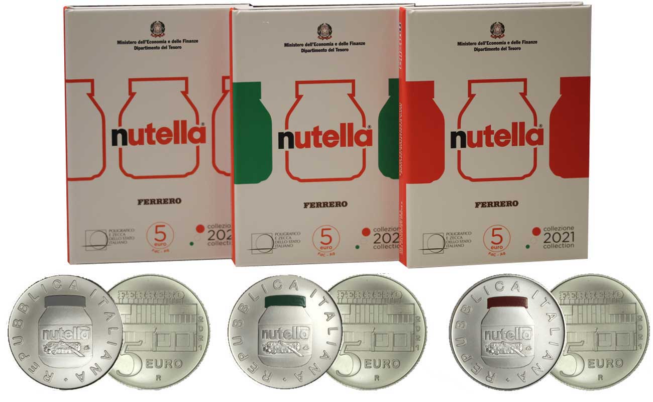 "Nutella" - trittico di monete da 5 euro in argento con dettagli smaltati, gr. totali 54,00 in ag. 925/000 confezioni singole