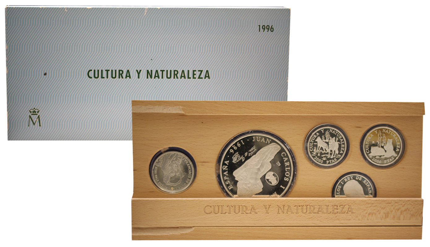 "Cultura e Natura" - Set di 5 Monete da 2.000, 5.000 e 10.000 Pesetas con medaglia gr.274,75 in ag.925/000