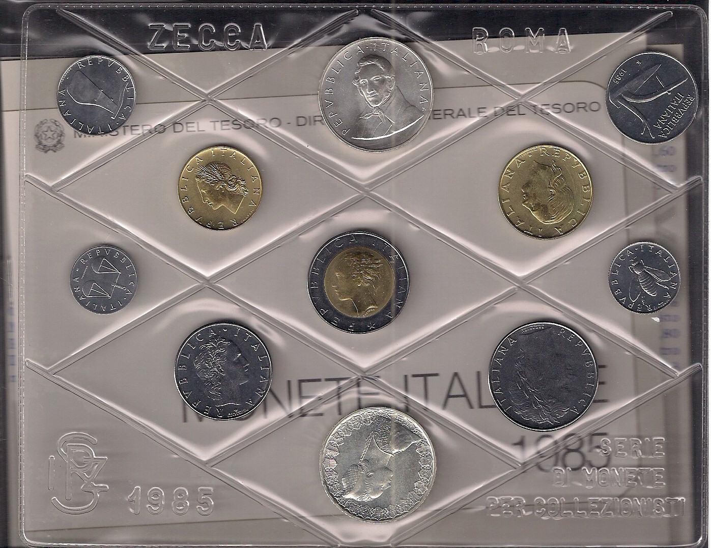 Serie completa di 11 monete confezionate con L.500 "Manzoni" - lotto di 5 serie in conf. originali