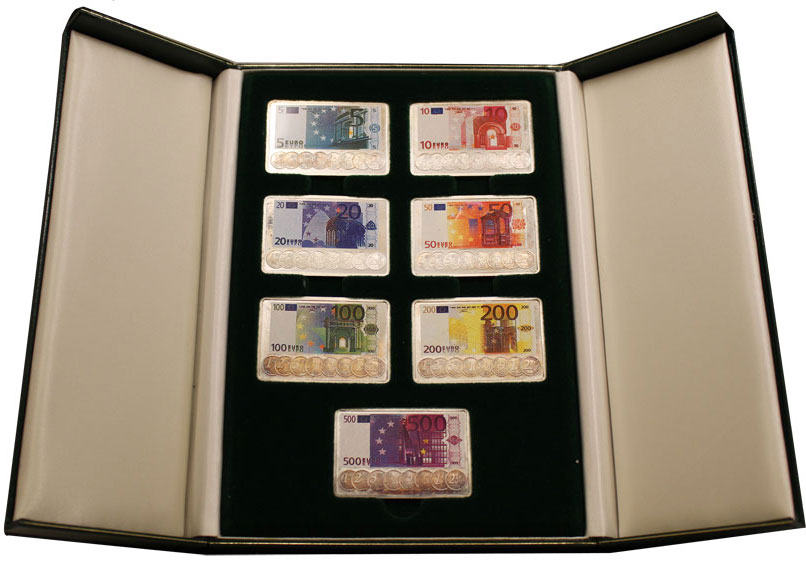 Lotto di 7 lingotti con raffigurazioni banconote in euro - gr. complessivi 217 in ag. 999/000 in confezione