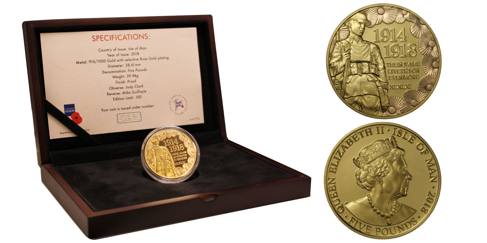 "100 Anniv. Prima Guerra Mondiale" - 5 sterline gr. 39,94 in oro 917/000 - conf. originale