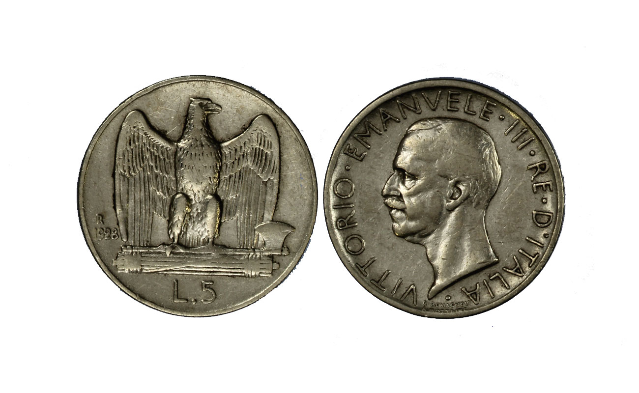 "Aquilotto" - Re Vittorio Emanuele III - 5 lire gr. 5,00 in ag. 835/ - due rosette