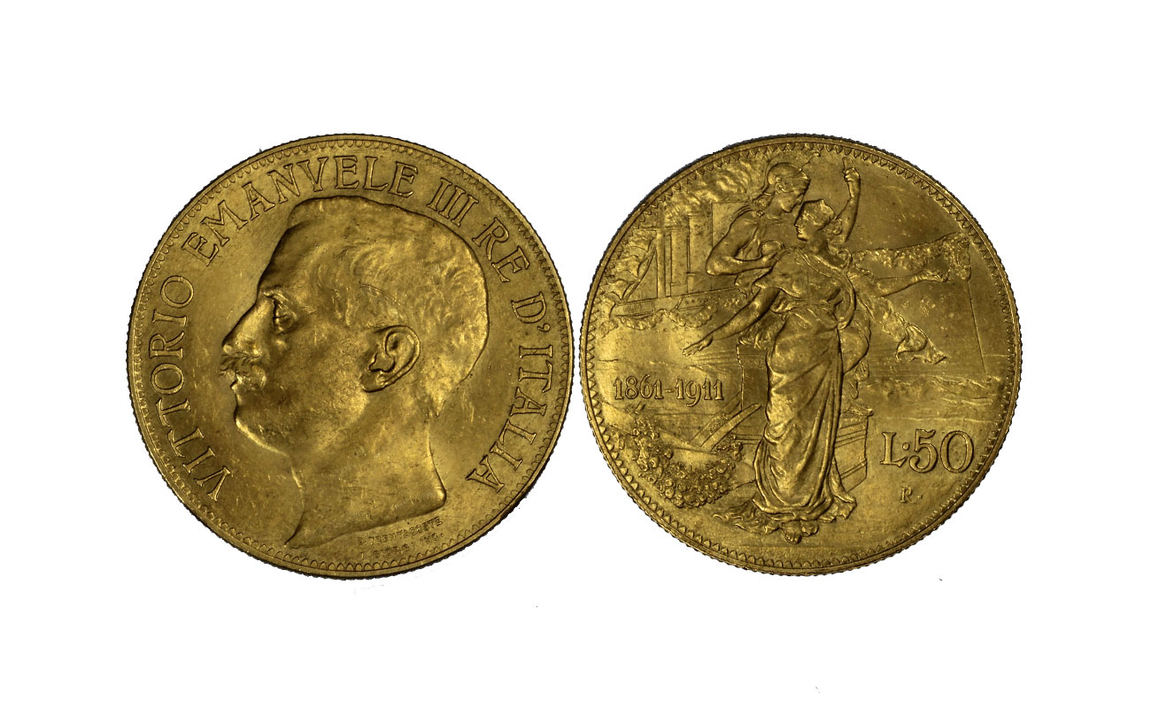 "Cinquantenario" - Re Vittorio Emanuele III - 50 lire gr.16,13 in oro 900/°°°