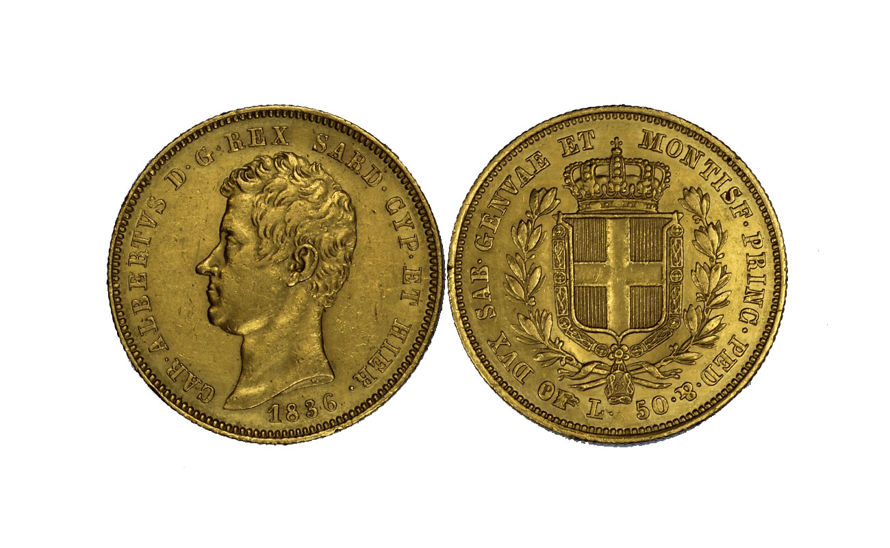 Re Carlo Alberto - 50 lire gr. 16.12 in oro 900/