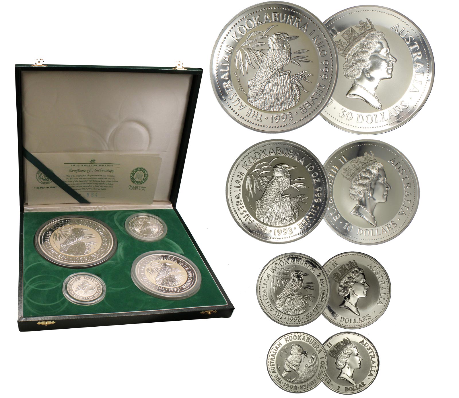 "Kookaburra" - serie di 4 monete da oncia 1, 2, 10 e 1 kg.,  gr. complessivi 1408,00 in ag. 999/000