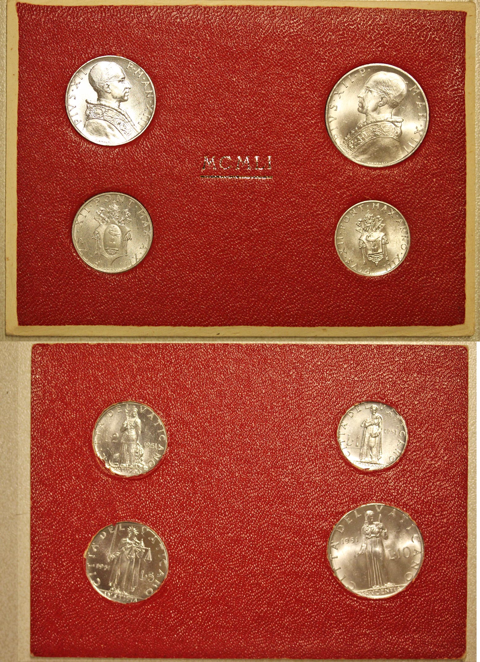 Serie di 4 monete Lire 1, 2, 5, 10 "Pio XII - anno XIII" in confezione