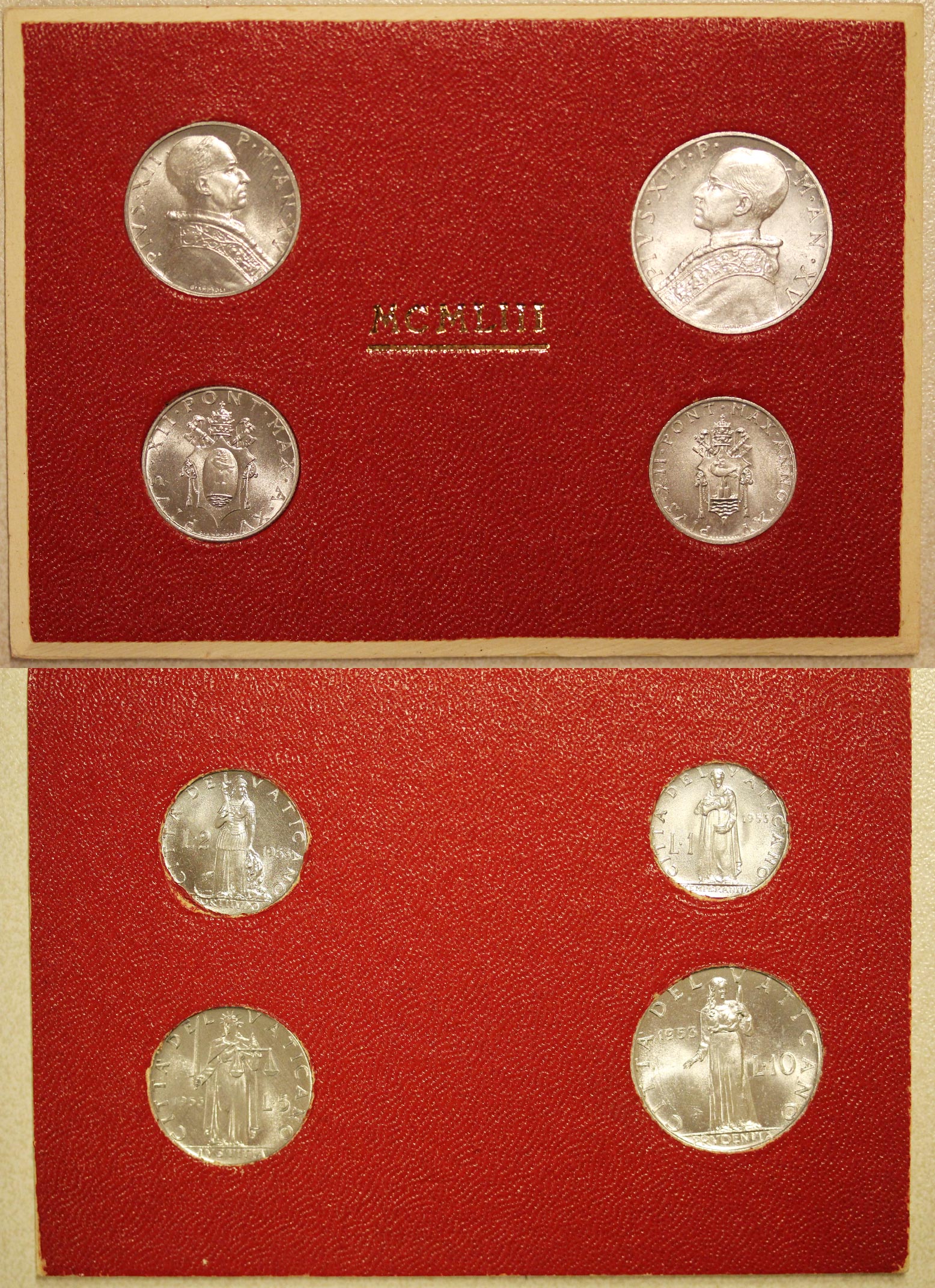  Serie di 4 monete Lire 1, 2, 5, 10 "Pio XII - anno XV" in confezione