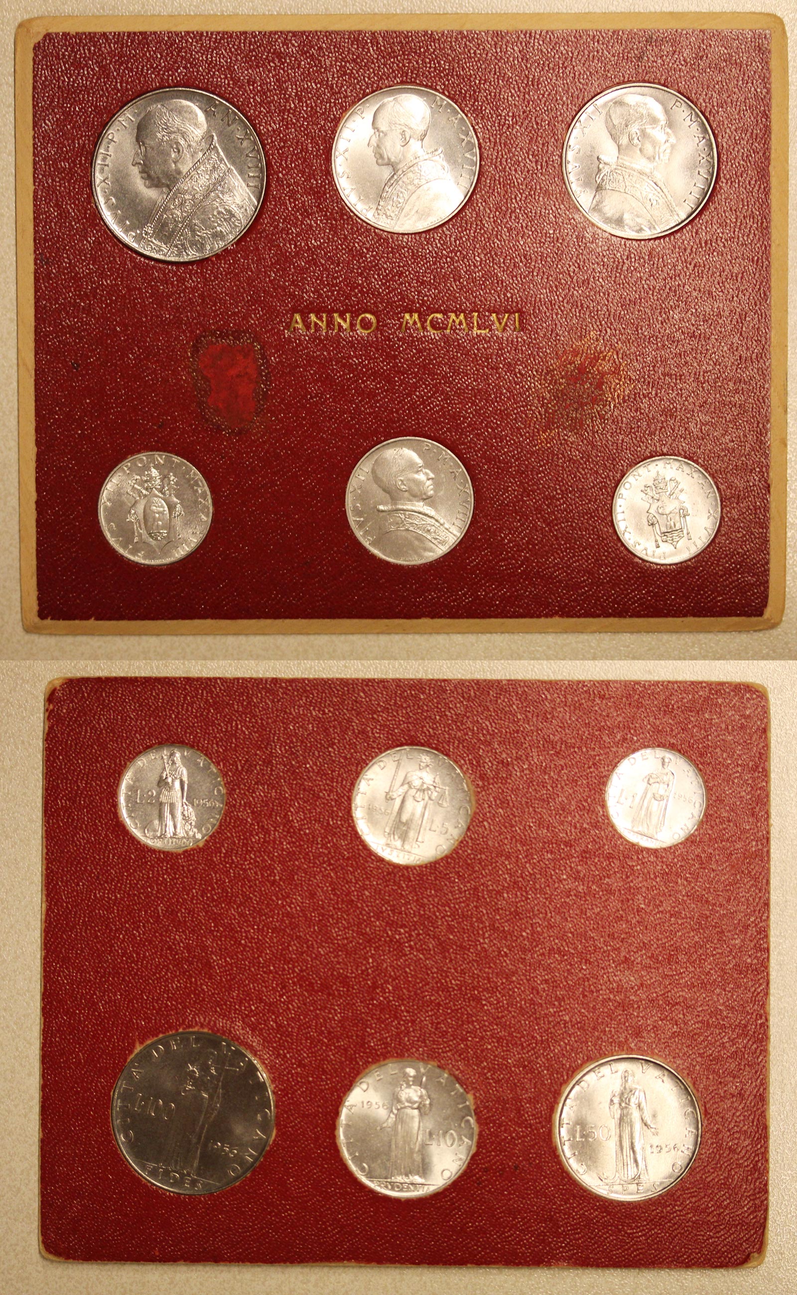 Serie di 6 monete Lire 1, 2, 5, 10, 50, 100 "Pio XII - anno XVIII" in confezione 