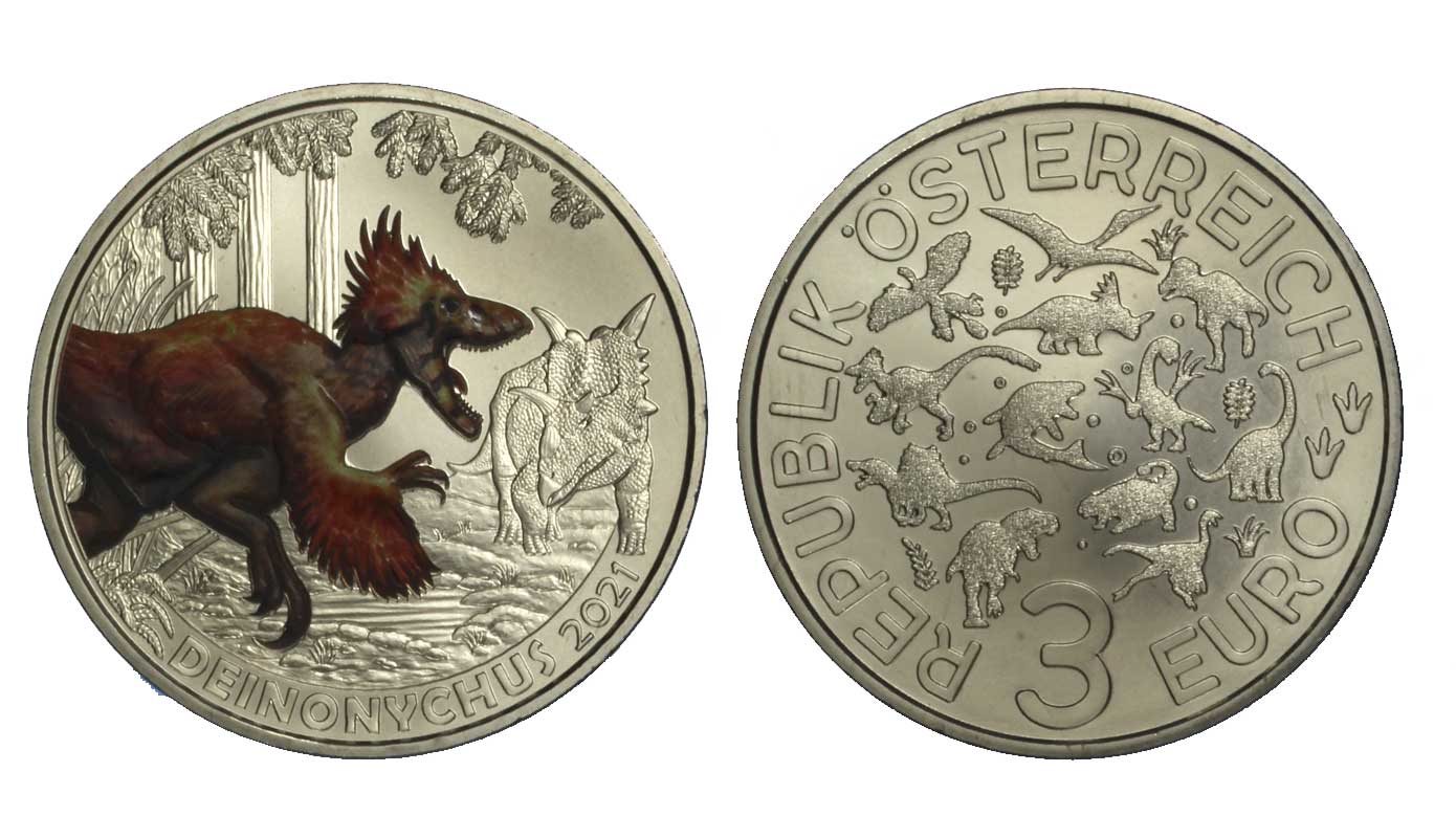 "Serie Dinosauri: Deinonychus" - moneta da 3 euro con dettagli smaltati e fluorescenza